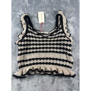 Solitaire Knit Tank Top Womens Medium Black Cream Striped Ruffle Sleeveless New